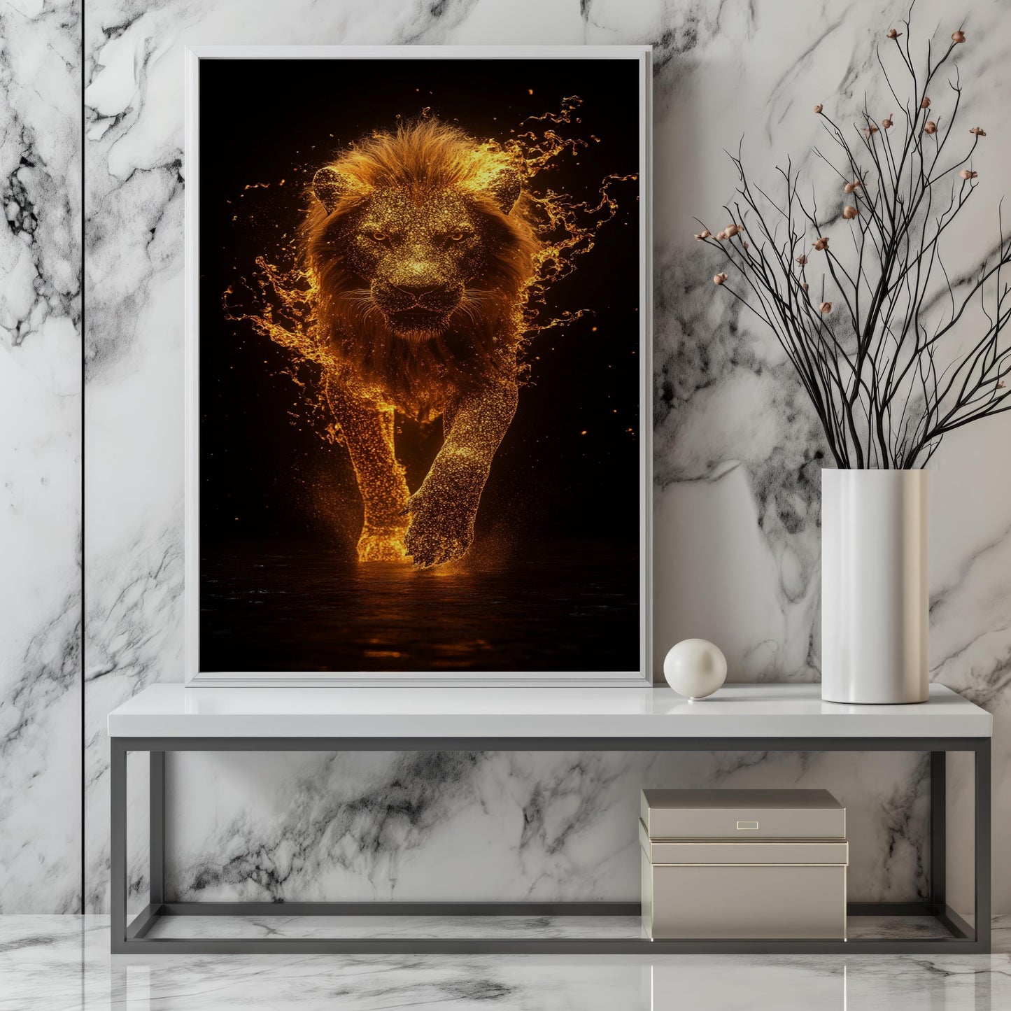 Golden Lion Wall Art | Lion Wall Decor | Lion Canvas Painting | Luxury Modern Wall Decor Glowing Lion King African Safari Art, Lion Wall Art