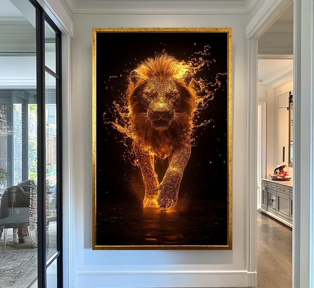 Golden Lion Wall Art | Lion Wall Decor | Lion Canvas Painting | Luxury Modern Wall Decor Glowing Lion King African Safari Art, Lion Wall Art