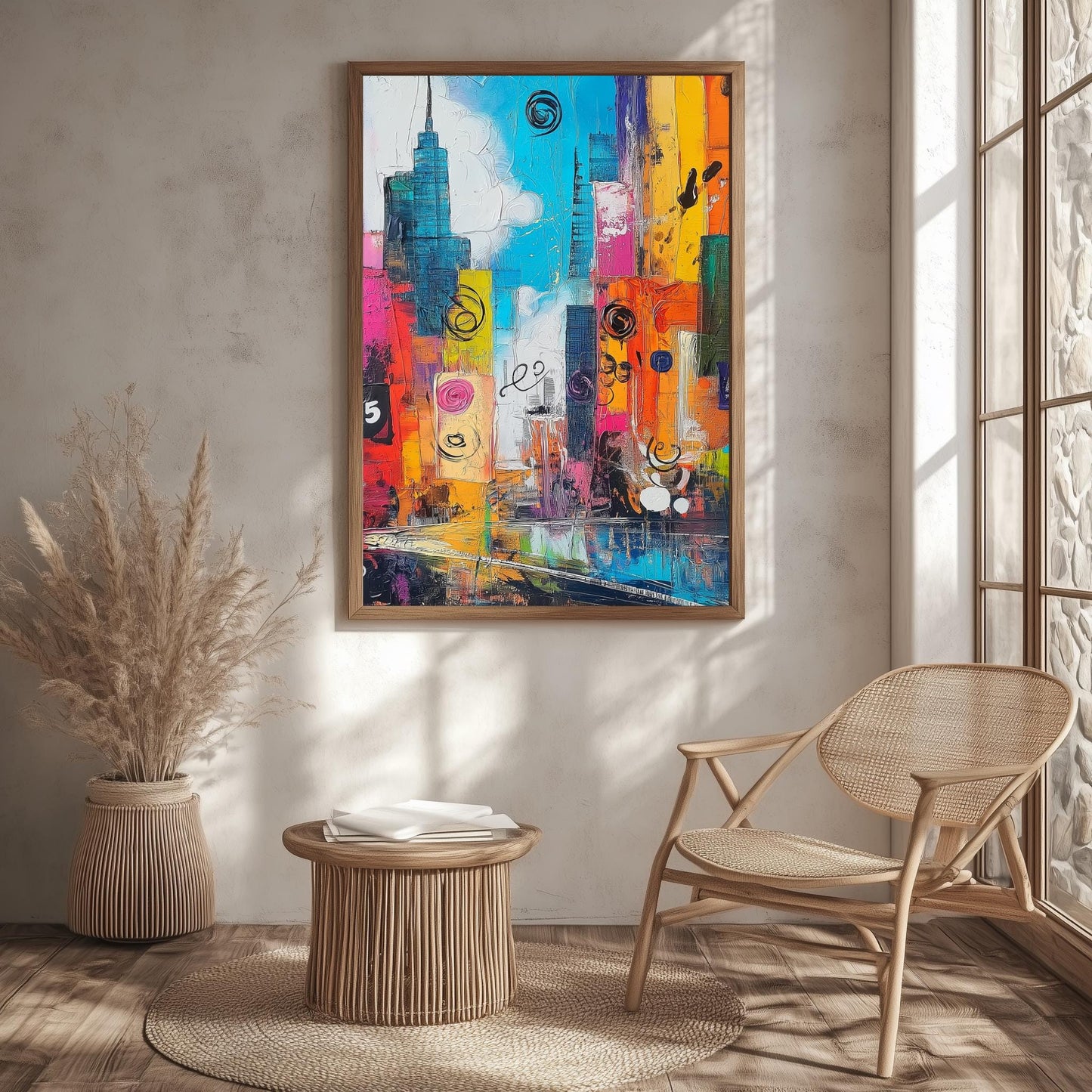 Vibrant Cityscape Abstract Canvas  Colorful Urban Skyline with Textured and Dynamic Design