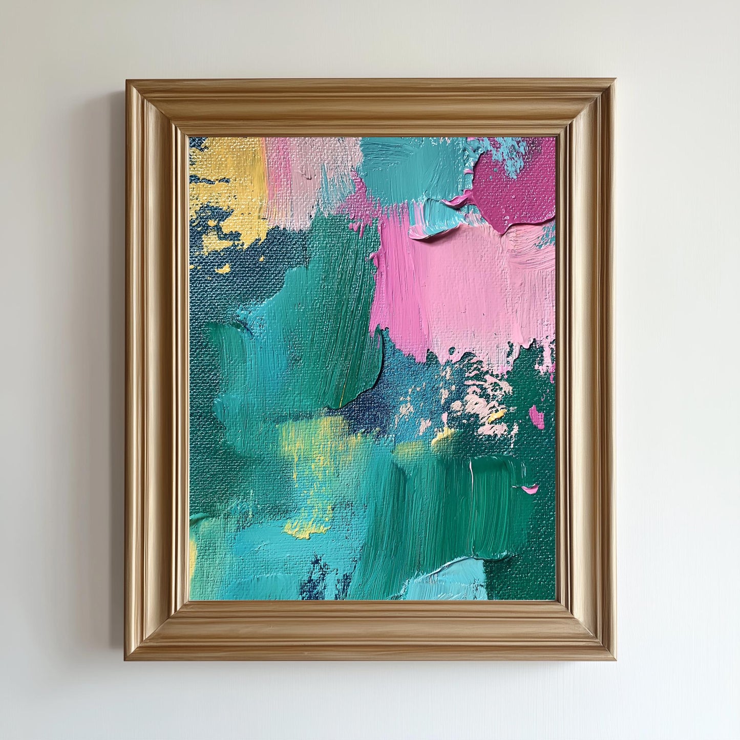 Bold Textured Abstract Canvas  Vibrant Teal, Pink, and Yellow Layers with Intricate Palette Knife Strokes