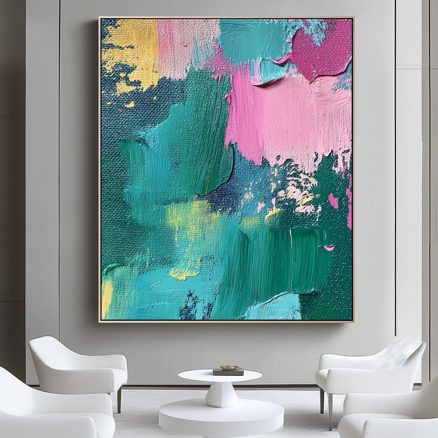 Bold Textured Abstract Canvas  Vibrant Teal, Pink, and Yellow Layers with Intricate Palette Knife Strokes