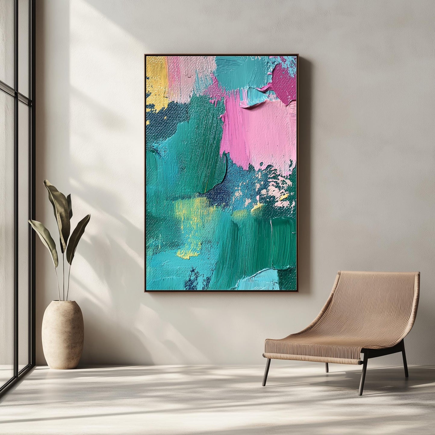 Bold Textured Abstract Canvas  Vibrant Teal, Pink, and Yellow Layers with Intricate Palette Knife Strokes