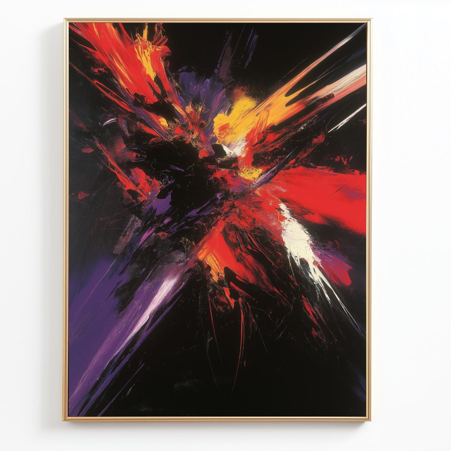 Explosive Abstract Canvas  Vibrant Red, Yellow, and Purple Strokes on Black for Bold Modern Wall Art