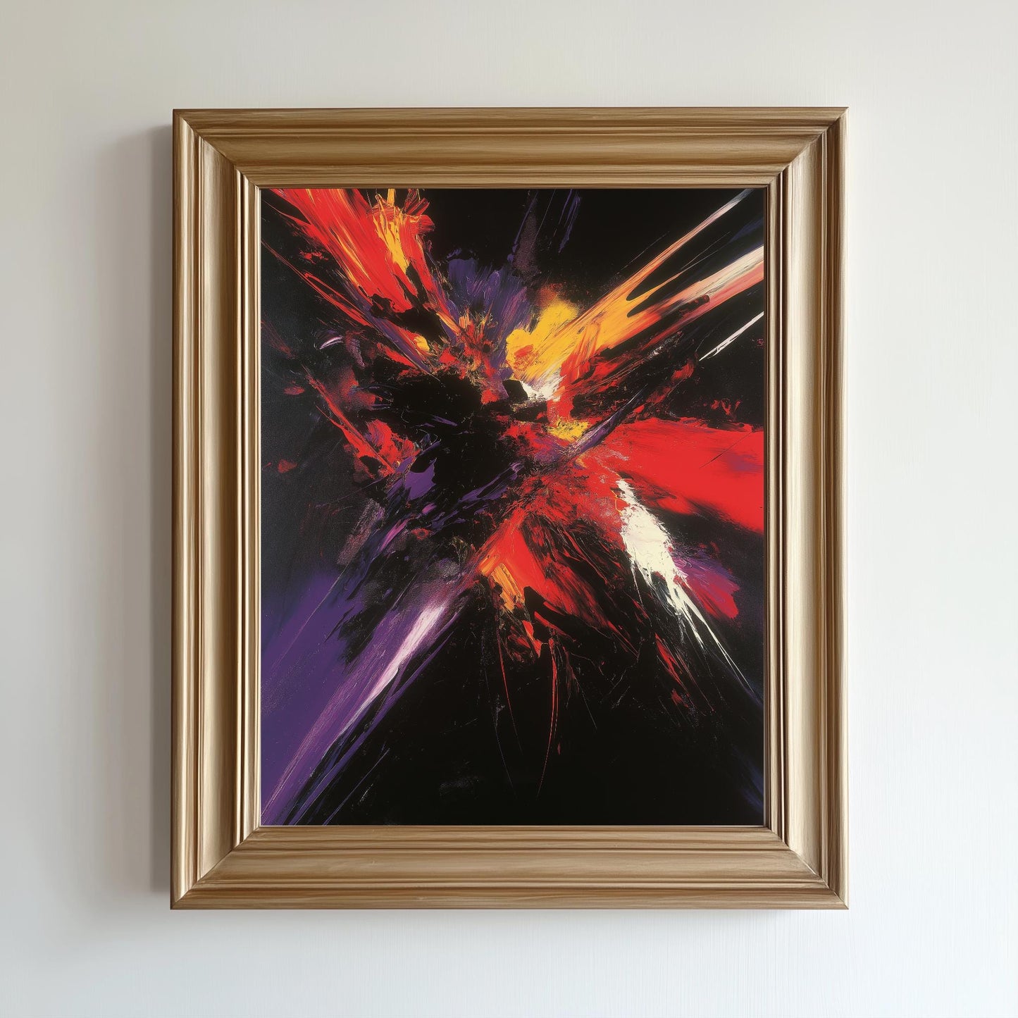 Explosive Abstract Canvas  Vibrant Red, Yellow, and Purple Strokes on Black for Bold Modern Wall Art