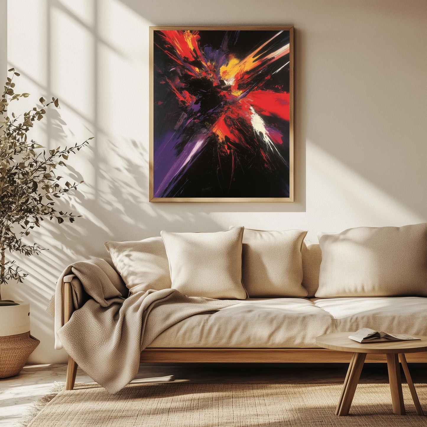 Explosive Abstract Canvas  Vibrant Red, Yellow, and Purple Strokes on Black for Bold Modern Wall Art