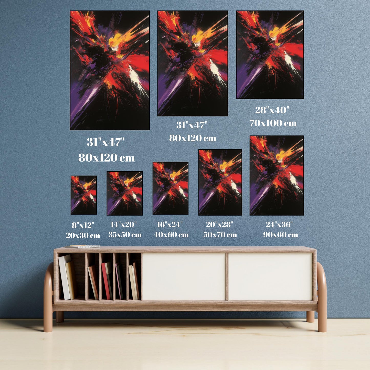 Explosive Abstract Canvas  Vibrant Red, Yellow, and Purple Strokes on Black for Bold Modern Wall Art