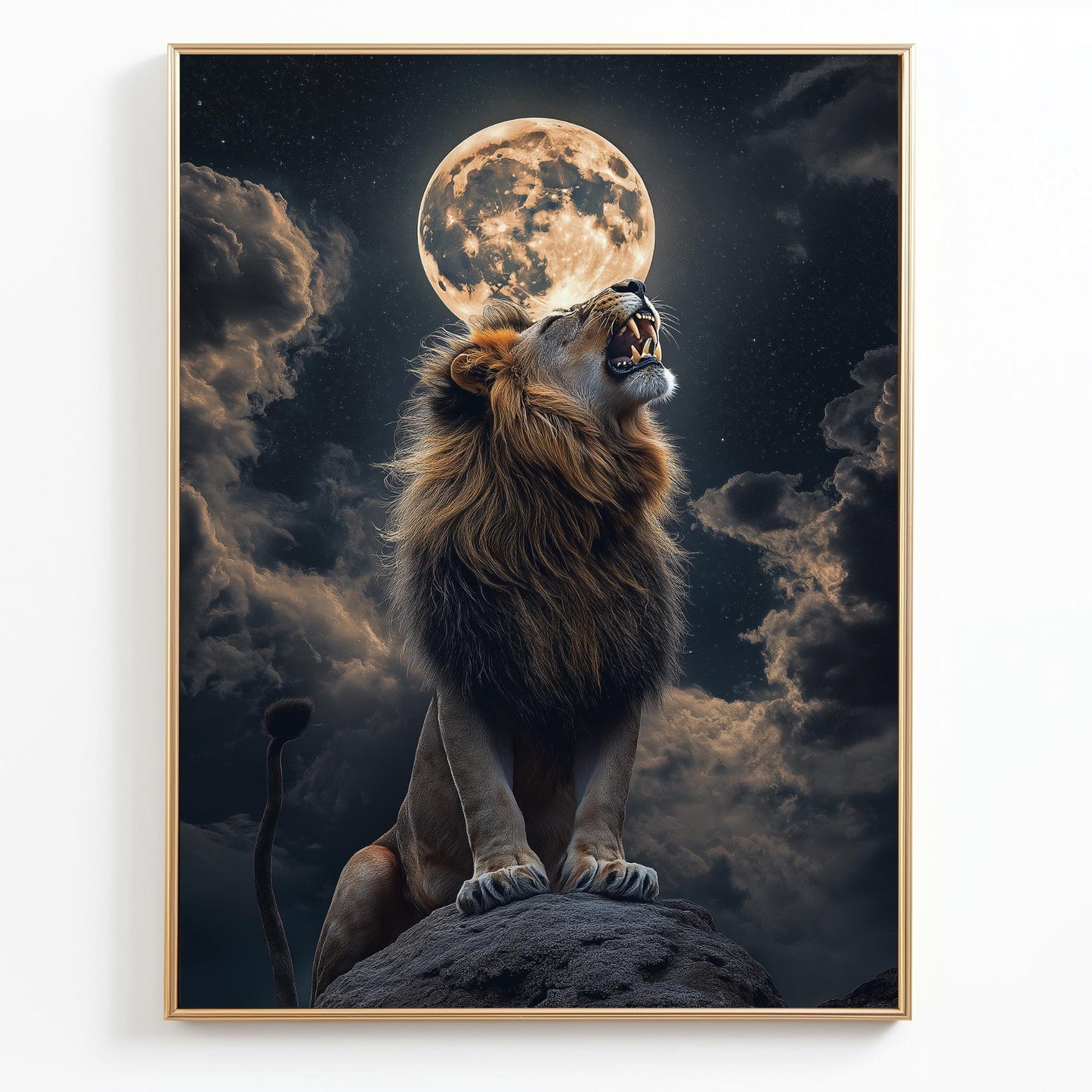 Lion Moonlight Wall Art, Majestic Wildlife Canvas, Dark Fantasy Decor