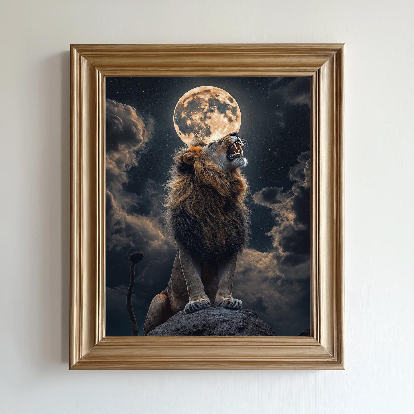 Lion Moonlight Wall Art, Majestic Wildlife Canvas, Dark Fantasy Decor