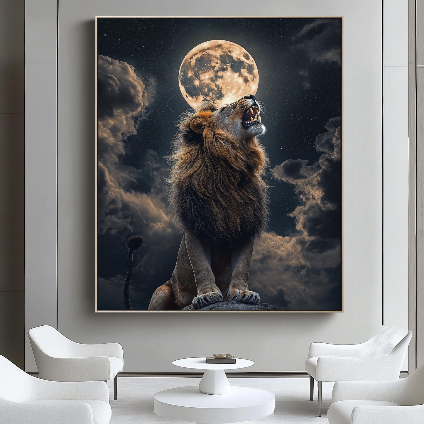 Lion Moonlight Wall Art, Majestic Wildlife Canvas, Dark Fantasy Decor