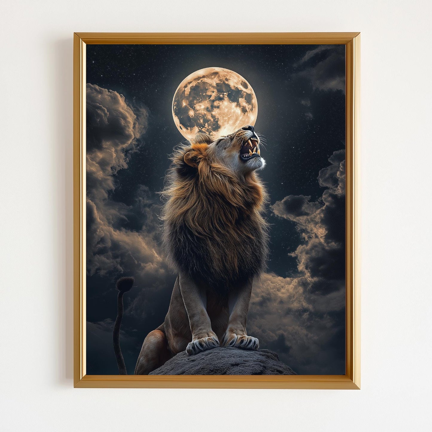 Lion Moonlight Wall Art, Majestic Wildlife Canvas, Dark Fantasy Decor