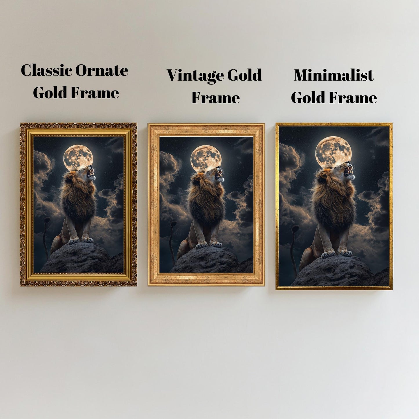 Lion Moonlight Wall Art, Majestic Wildlife Canvas, Dark Fantasy Decor