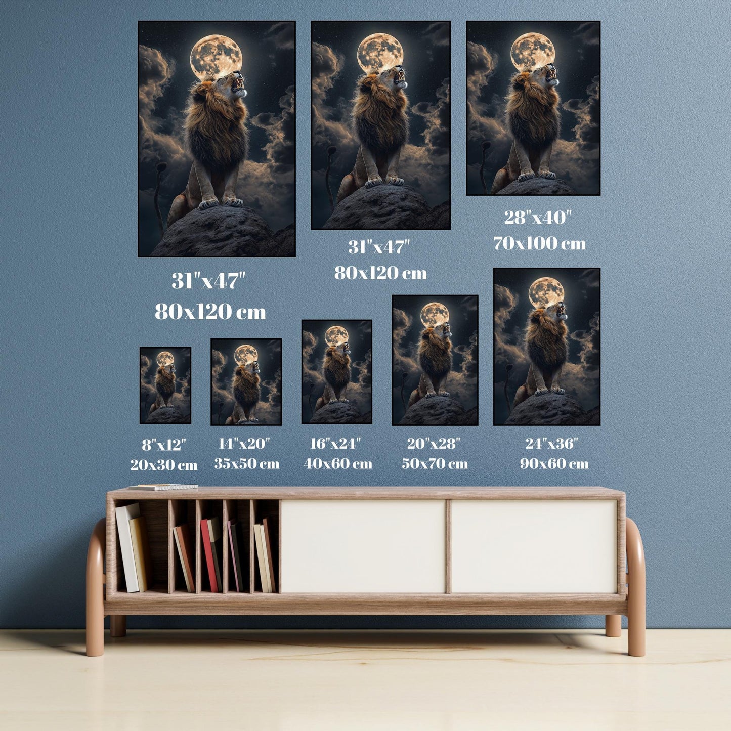 Lion Moonlight Wall Art, Majestic Wildlife Canvas, Dark Fantasy Decor