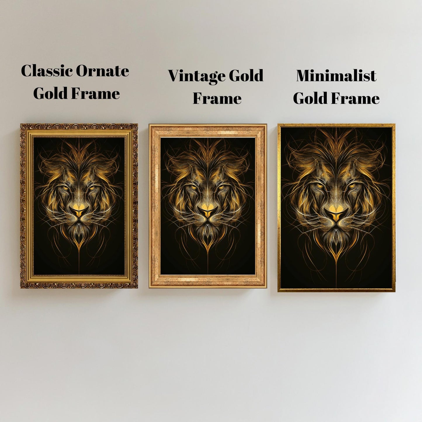 Golden Lion Abstract Wall Art, Majestic Animal Canvas, Black and Gold Modern Decor, Fierce Wildlife Poster, Luxury Home Design