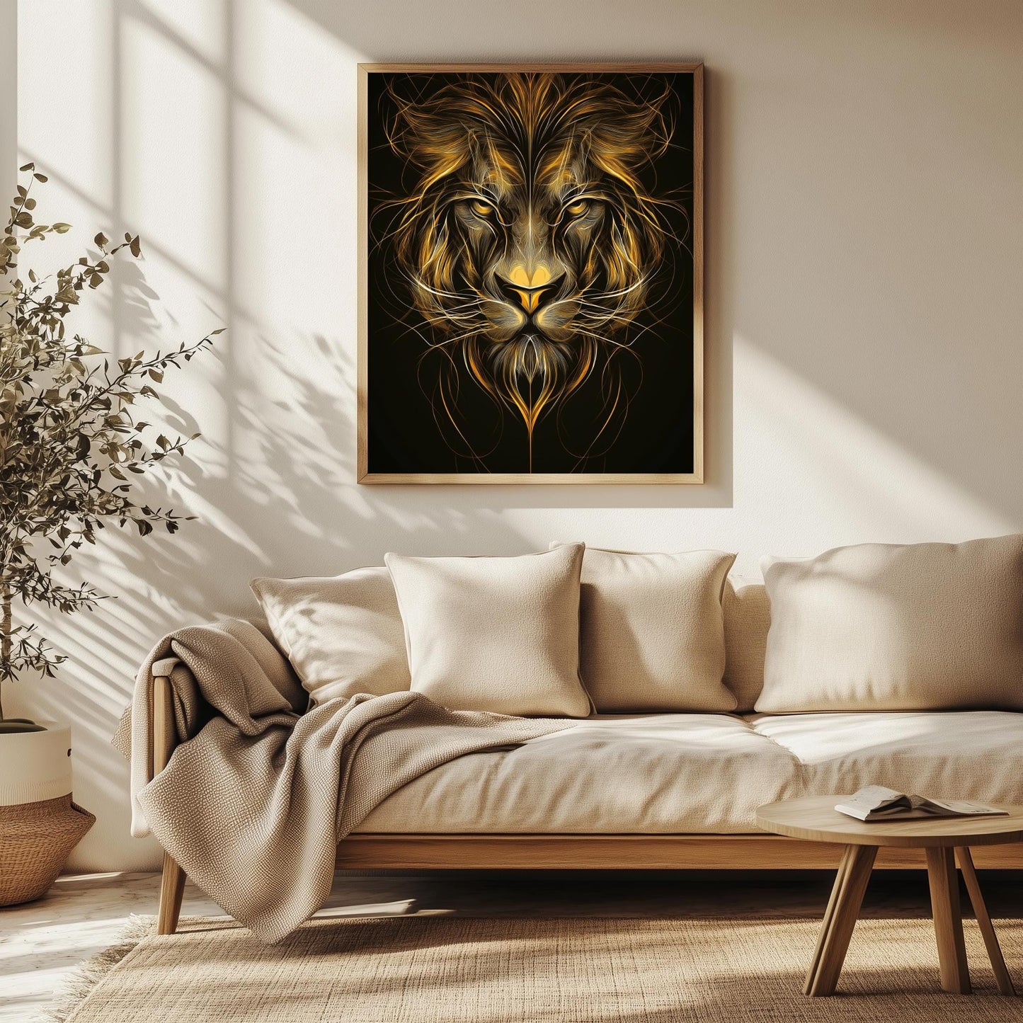 Golden Lion Abstract Wall Art, Majestic Animal Canvas, Black and Gold Modern Decor, Fierce Wildlife Poster, Luxury Home Design