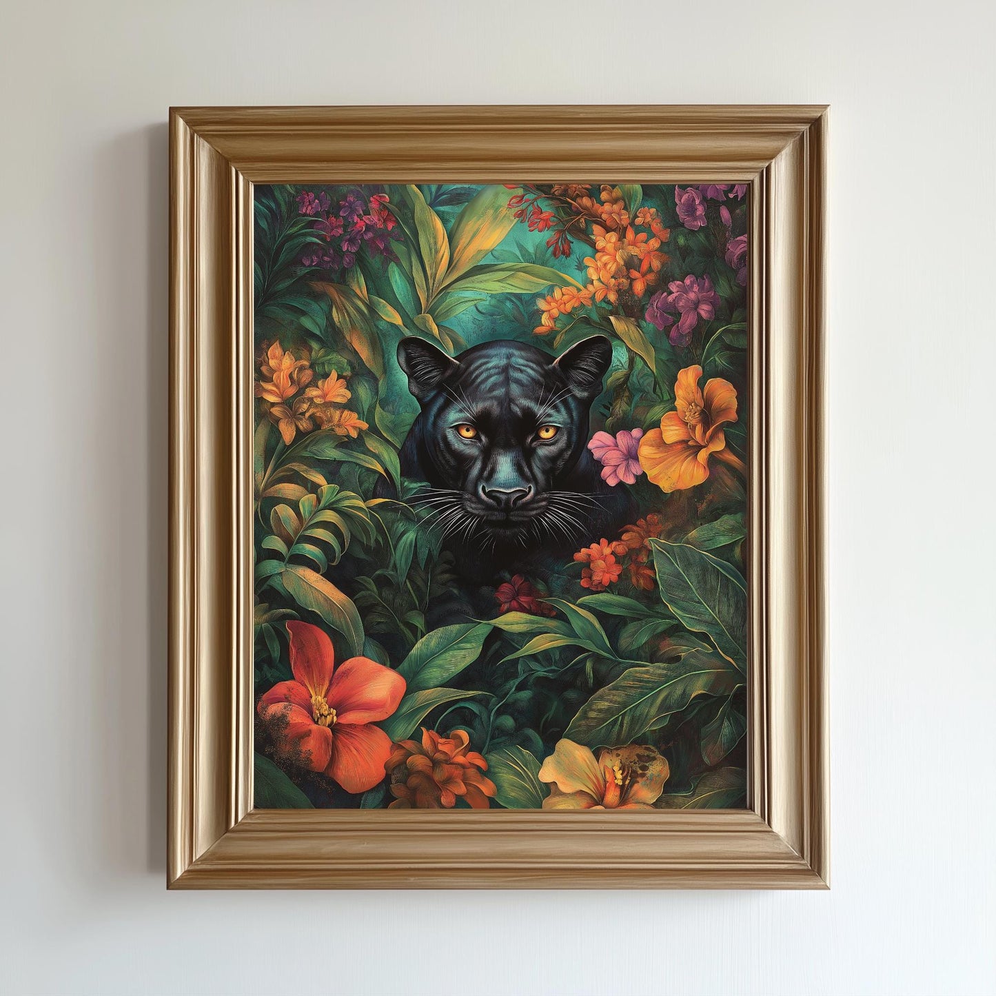 Black Panther Jungle Art, Vibrant Floral Canvas, Exotic Wildlife Wall Decor