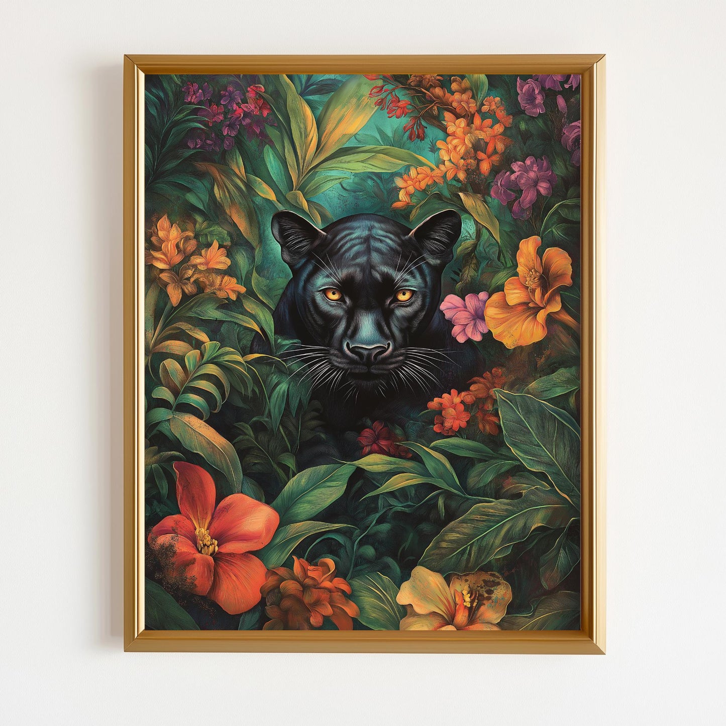 Black Panther Jungle Art, Vibrant Floral Canvas, Exotic Wildlife Wall Decor