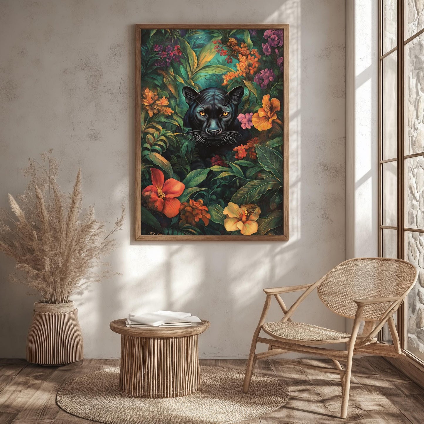 Black Panther Jungle Art, Vibrant Floral Canvas, Exotic Wildlife Wall Decor