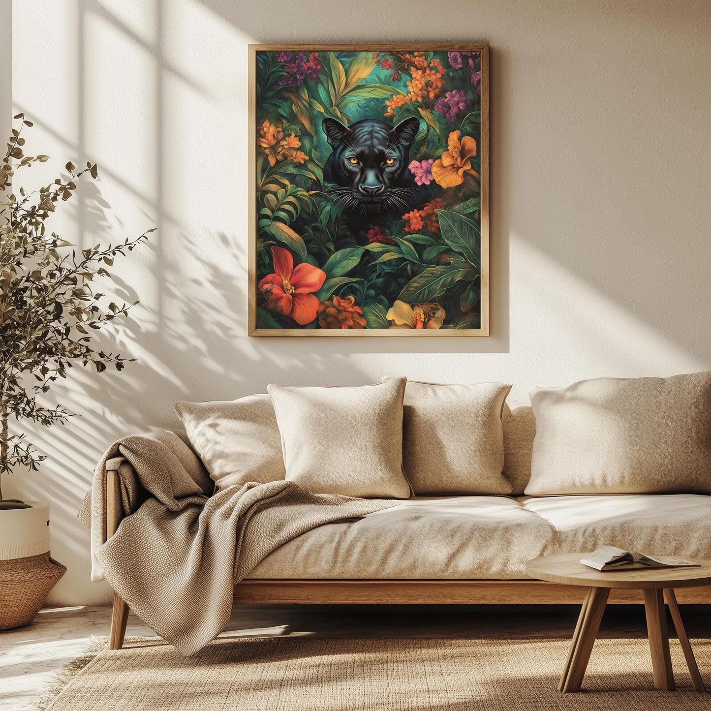 Black Panther Jungle Art, Vibrant Floral Canvas, Exotic Wildlife Wall Decor