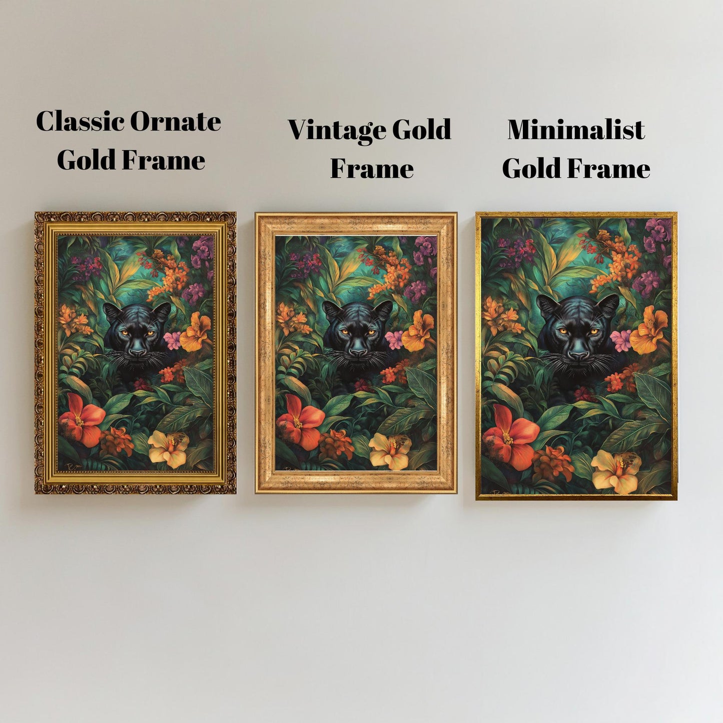 Black Panther Jungle Art, Vibrant Floral Canvas, Exotic Wildlife Wall Decor