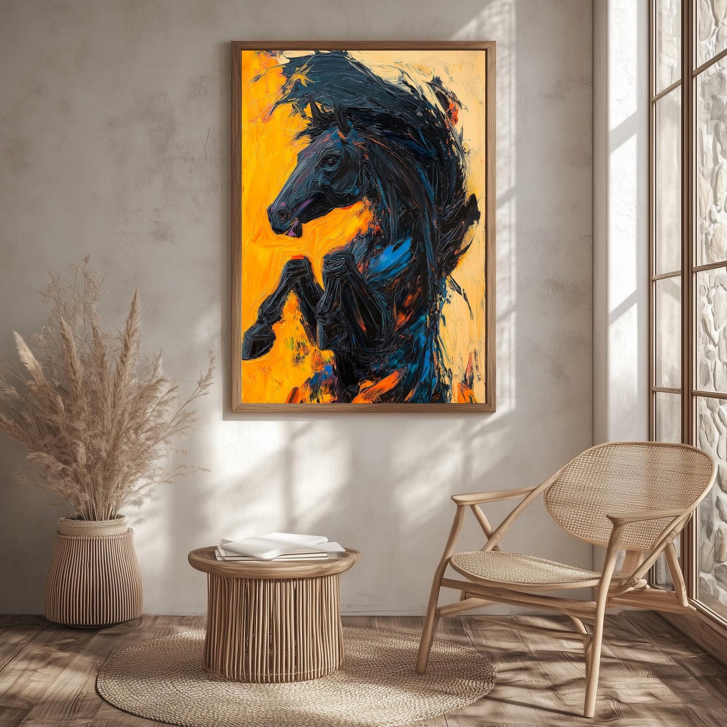 Bold Black Stallion Canvas, Textured Horse Wall Art, Vibrant Abstract Decor