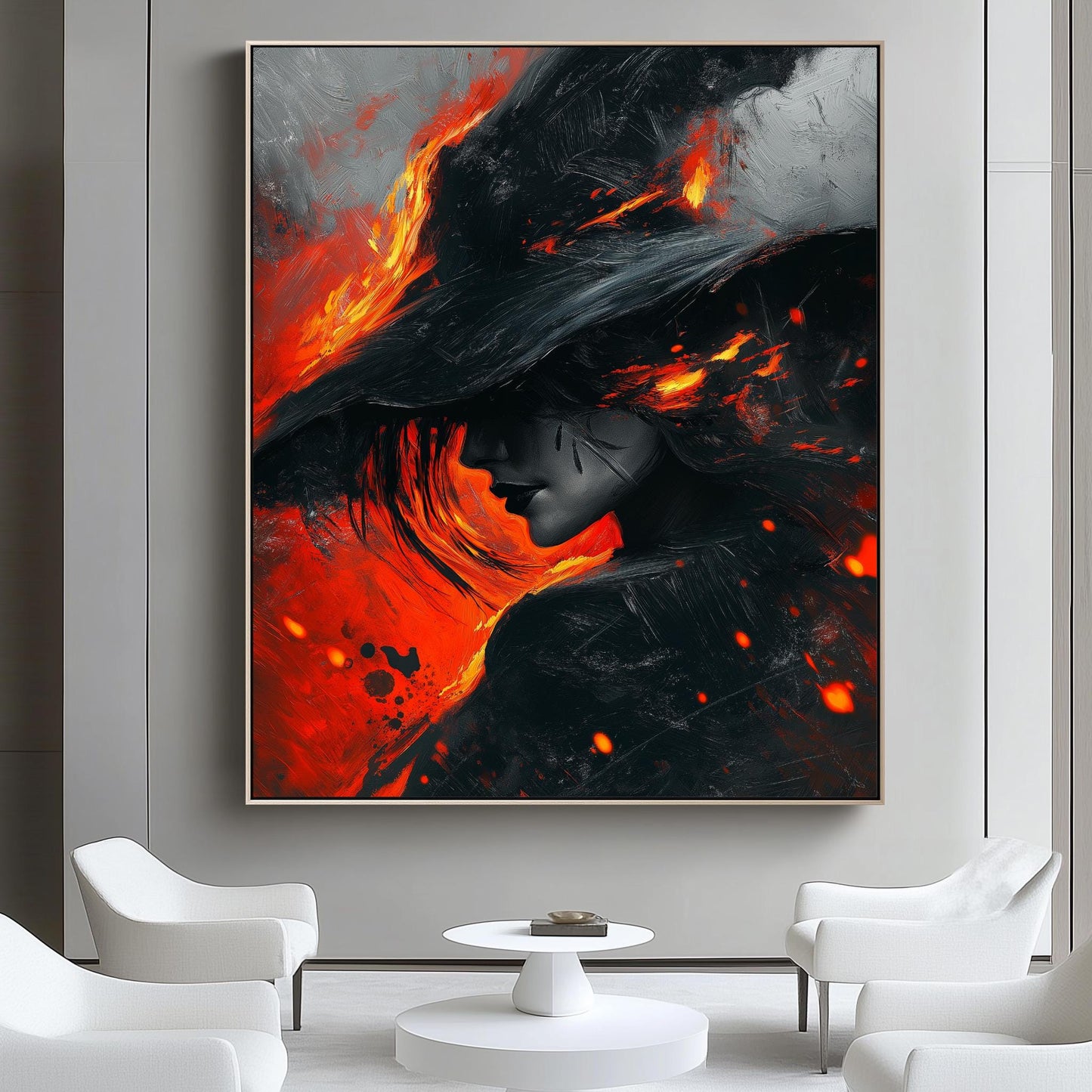 Fiery Woman Wall Art - Abstract Canvas with Bold Red and Black Design