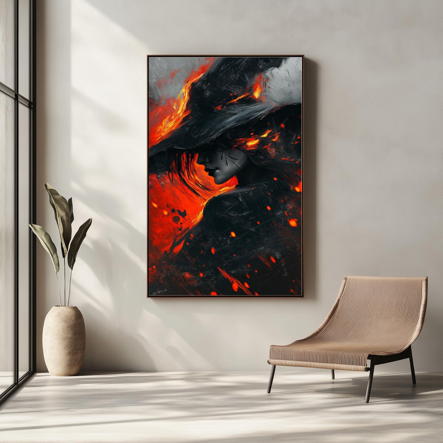 Fiery Woman Wall Art - Abstract Canvas with Bold Red and Black Design