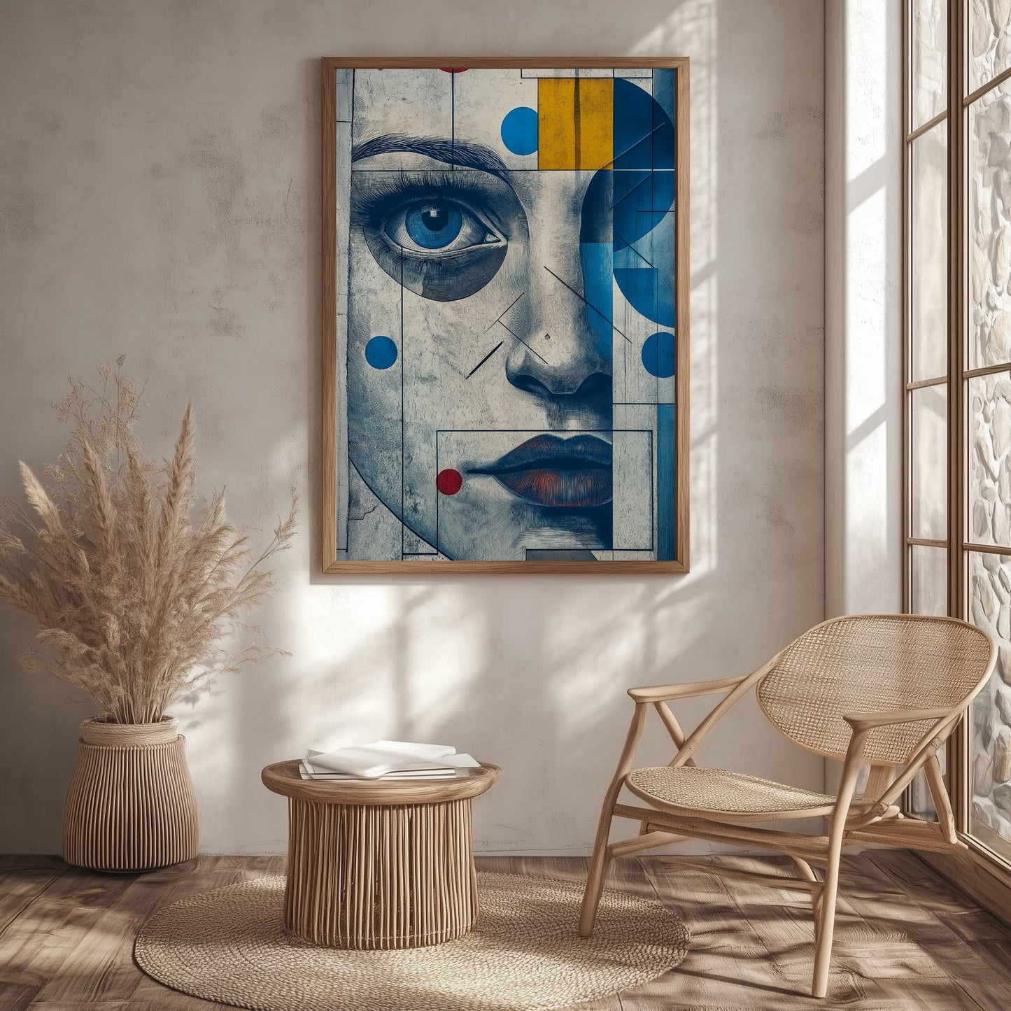 Geometric Portrait Wall Art - Abstract Blue and Yellow Canvas for Modern Decor