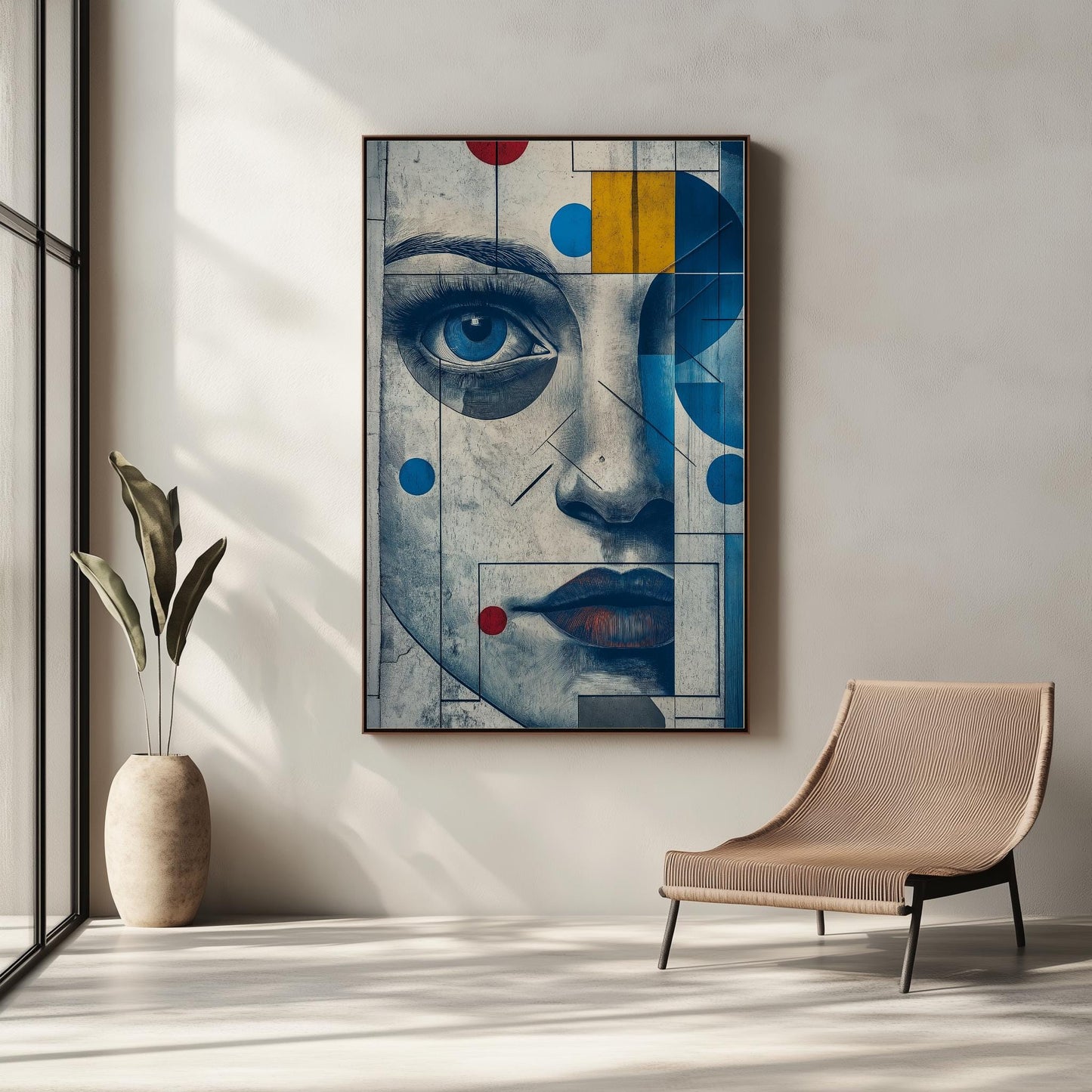 Geometric Portrait Wall Art - Abstract Blue and Yellow Canvas for Modern Decor