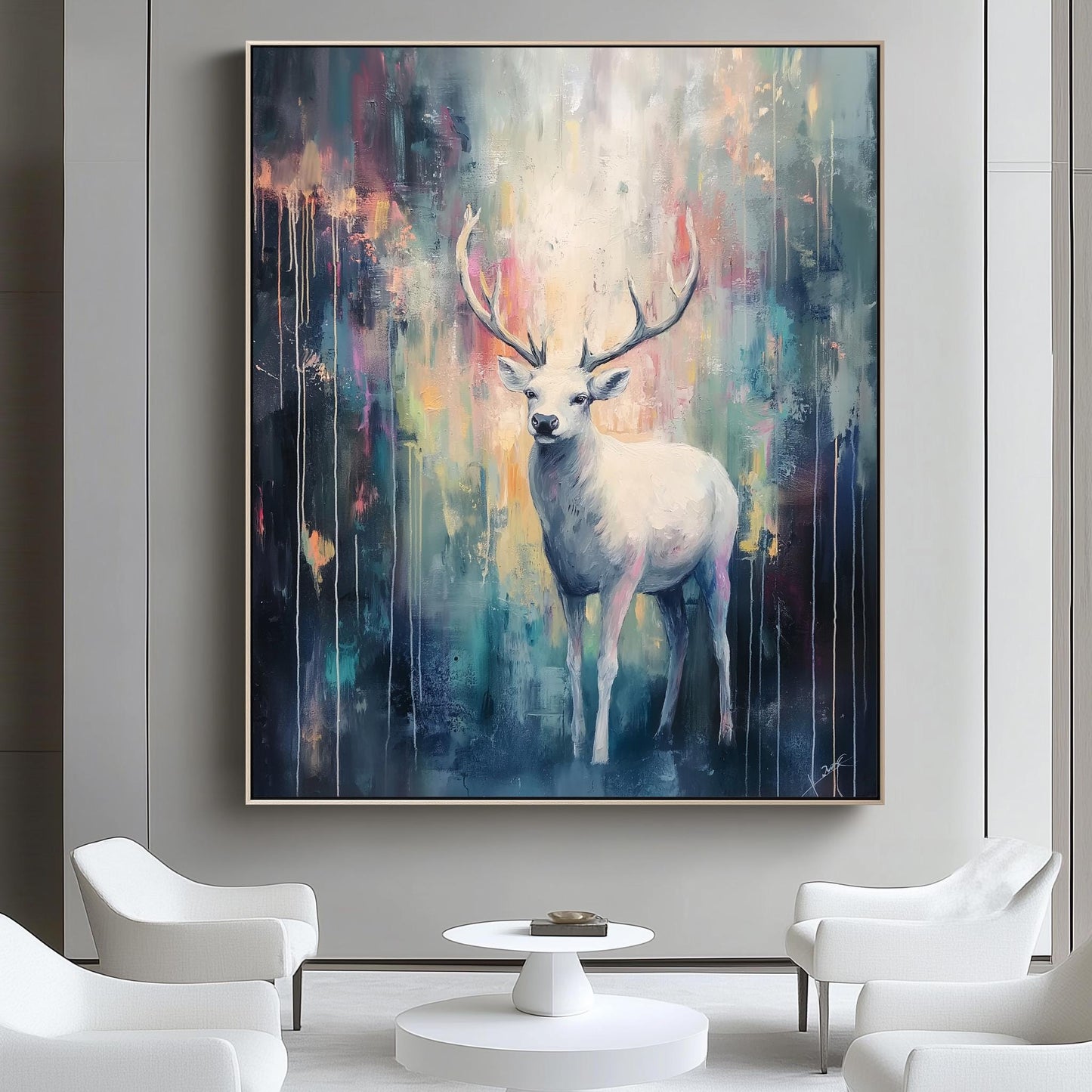 White Deer Wall Art - Abstract Forest Canvas for Elegant Home Decor