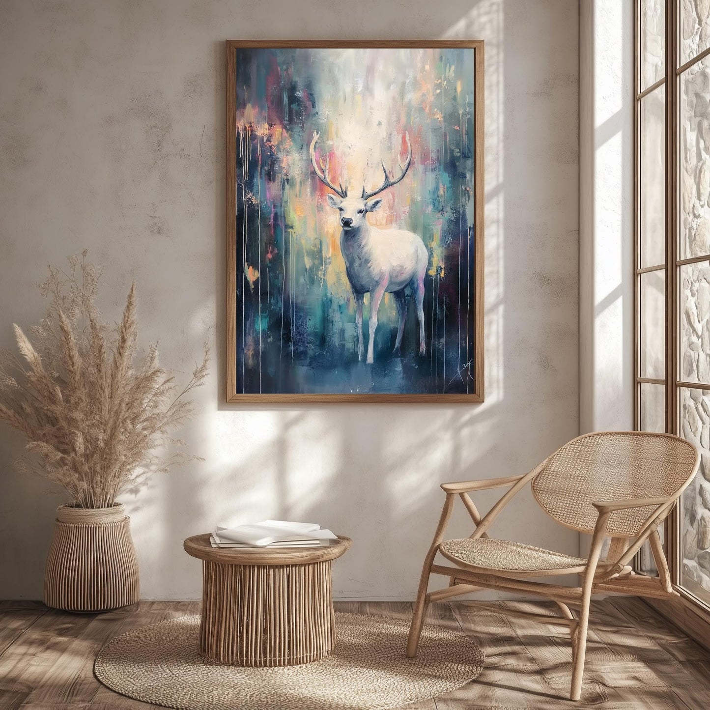 White Deer Wall Art - Abstract Forest Canvas for Elegant Home Decor