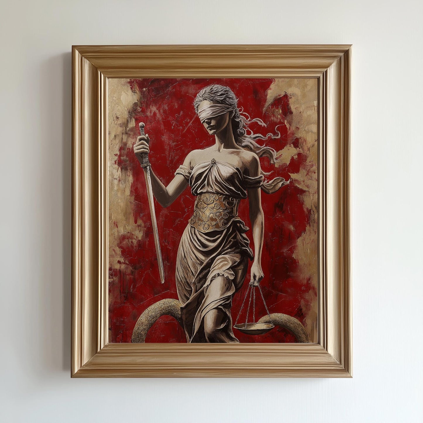 Lady Justice Wall Art - Bold Red Canvas with Blindfolded Statue Design