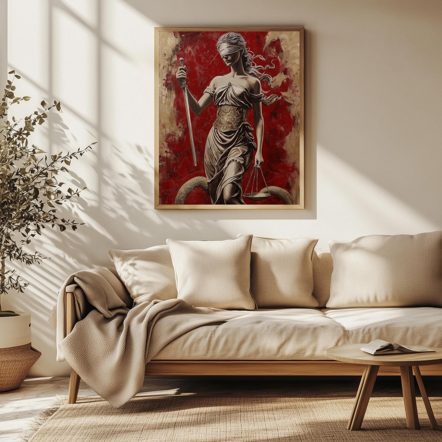 Lady Justice Wall Art - Bold Red Canvas with Blindfolded Statue Design