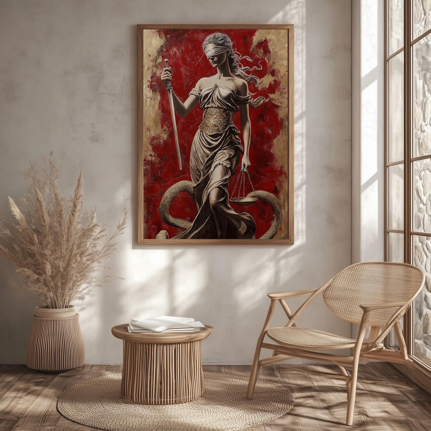 Lady Justice Wall Art - Bold Red Canvas with Blindfolded Statue Design