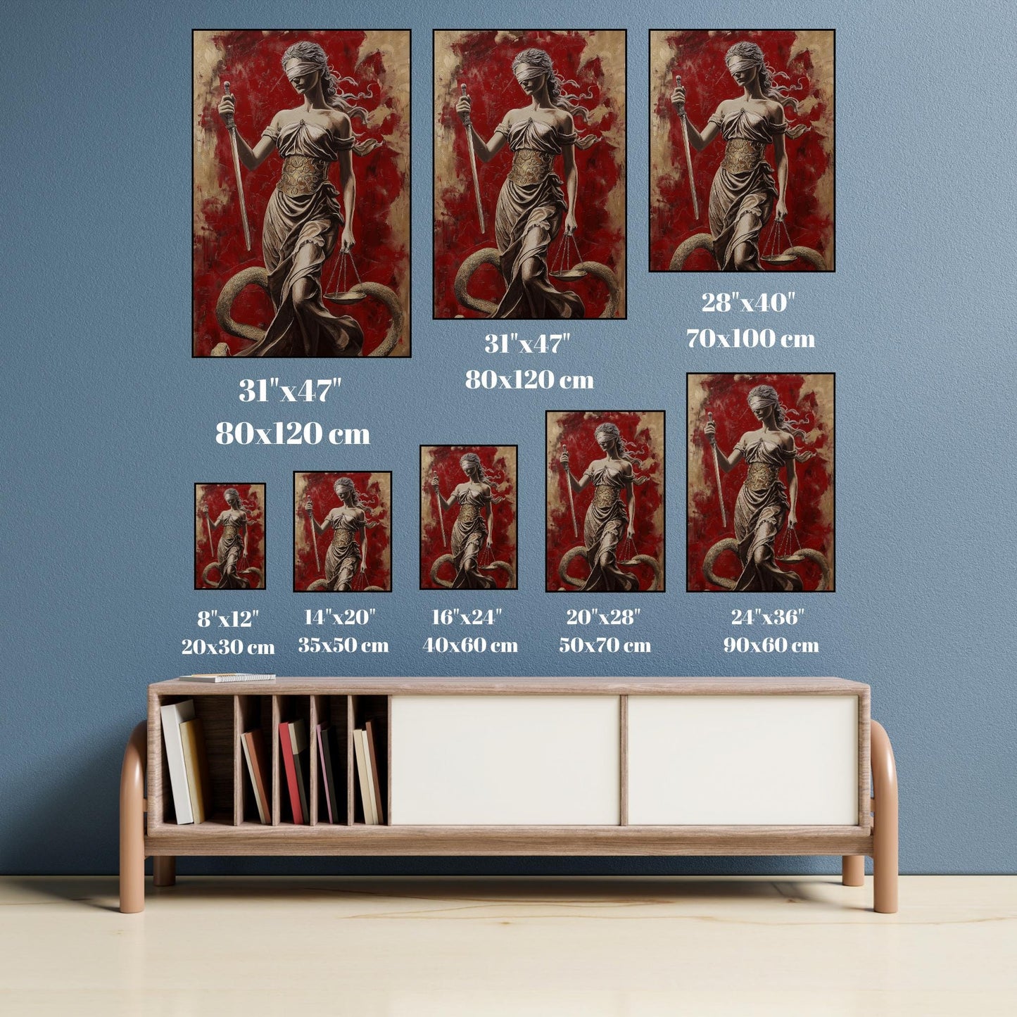 Lady Justice Wall Art - Bold Red Canvas with Blindfolded Statue Design