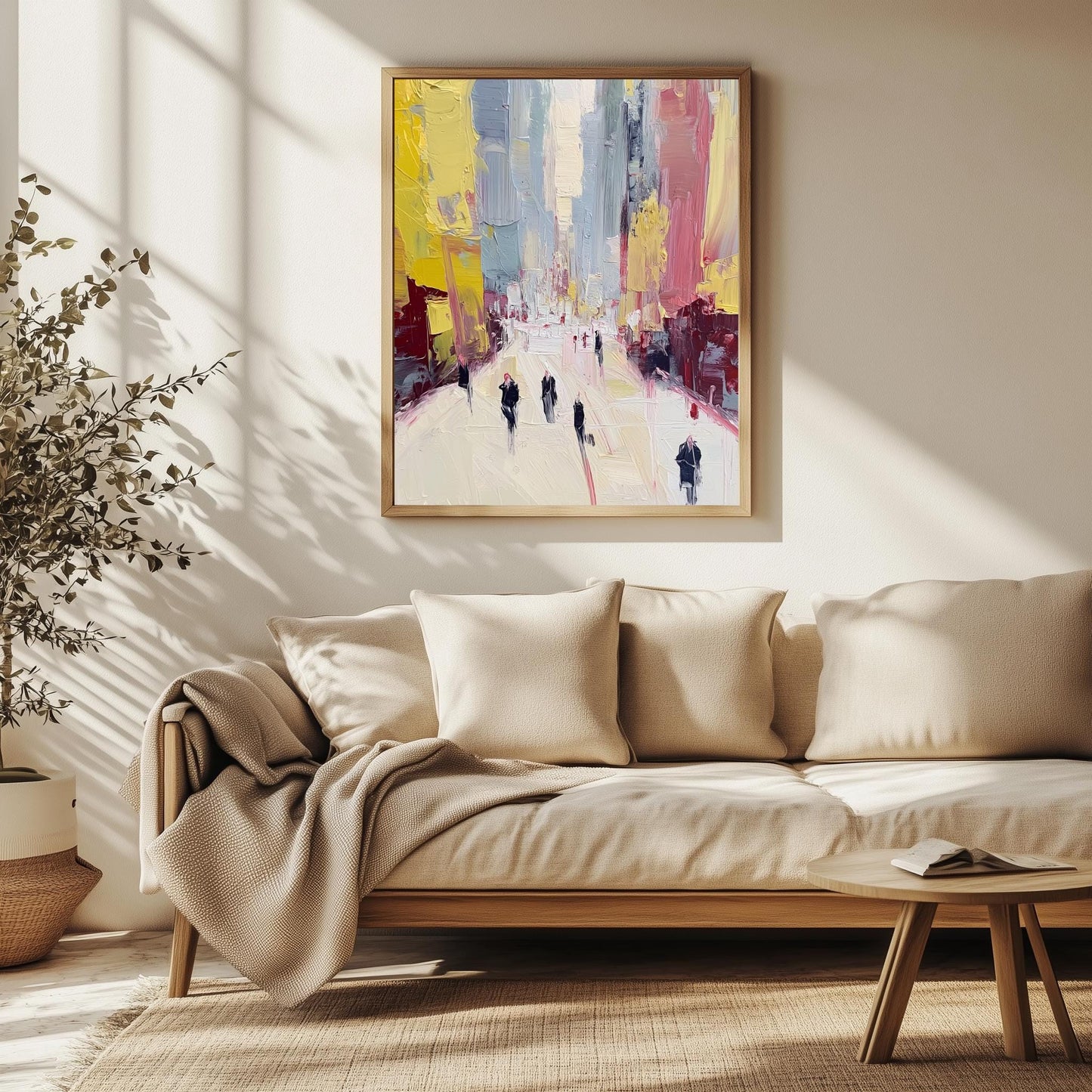 Abstract Cityscape Wall Art | Modern Urban Street Scene Canvas Print | Contemporary Impressionist Painting | Yellow Pink Decor