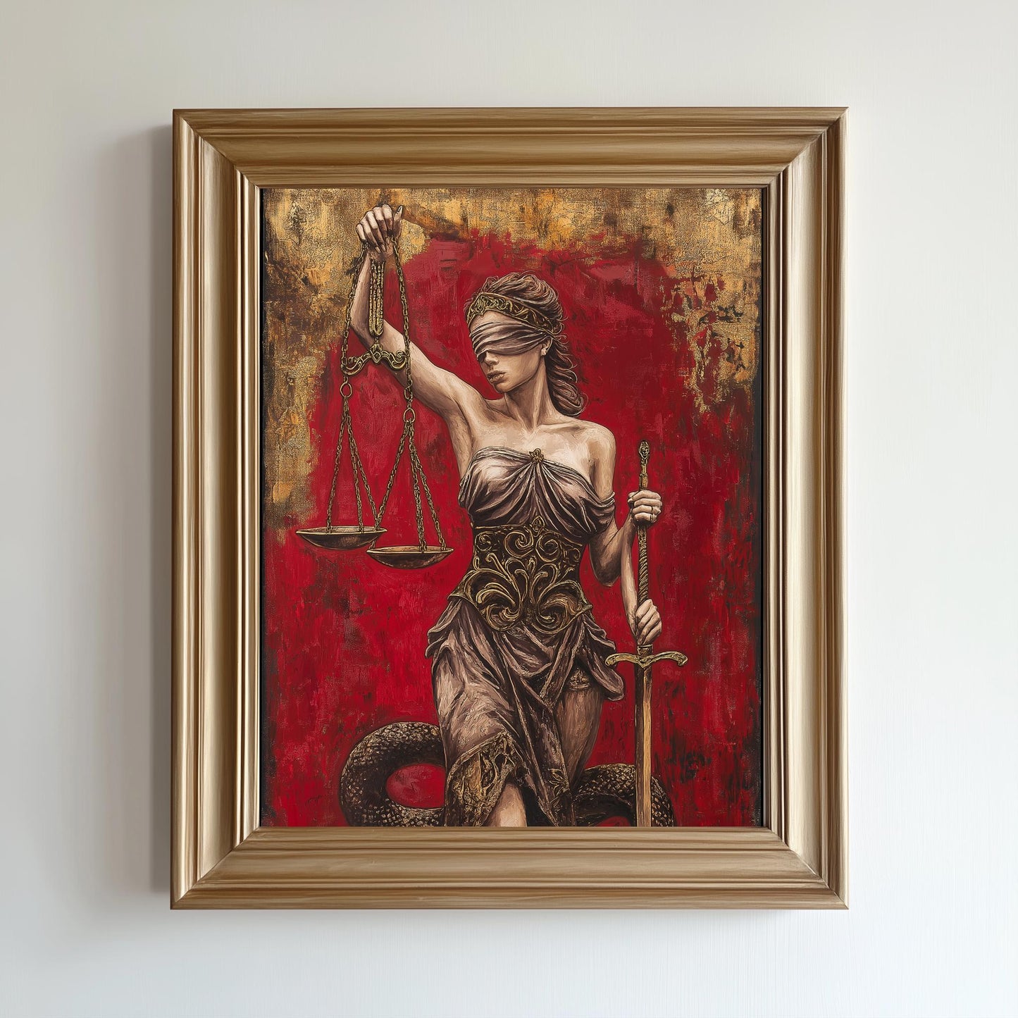 Lady Justice Wall Art | Lawyer Office Decor | Red Gold Canvas Print | Law Firm Attorney Gift | Legal Scale Sword