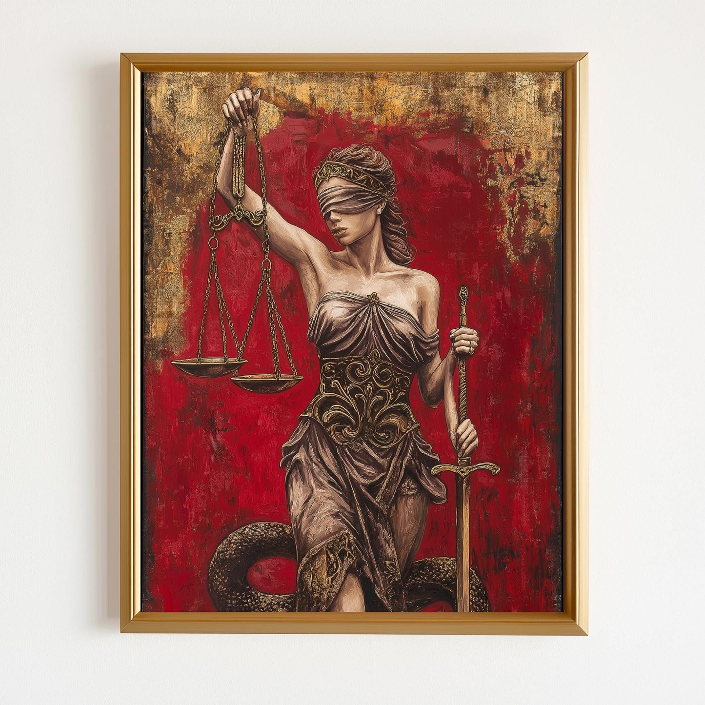 Lady Justice Wall Art | Lawyer Office Decor | Red Gold Canvas Print | Law Firm Attorney Gift | Legal Scale Sword