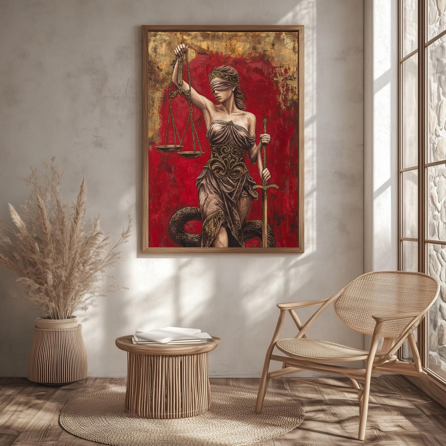 Lady Justice Wall Art | Lawyer Office Decor | Red Gold Canvas Print | Law Firm Attorney Gift | Legal Scale Sword