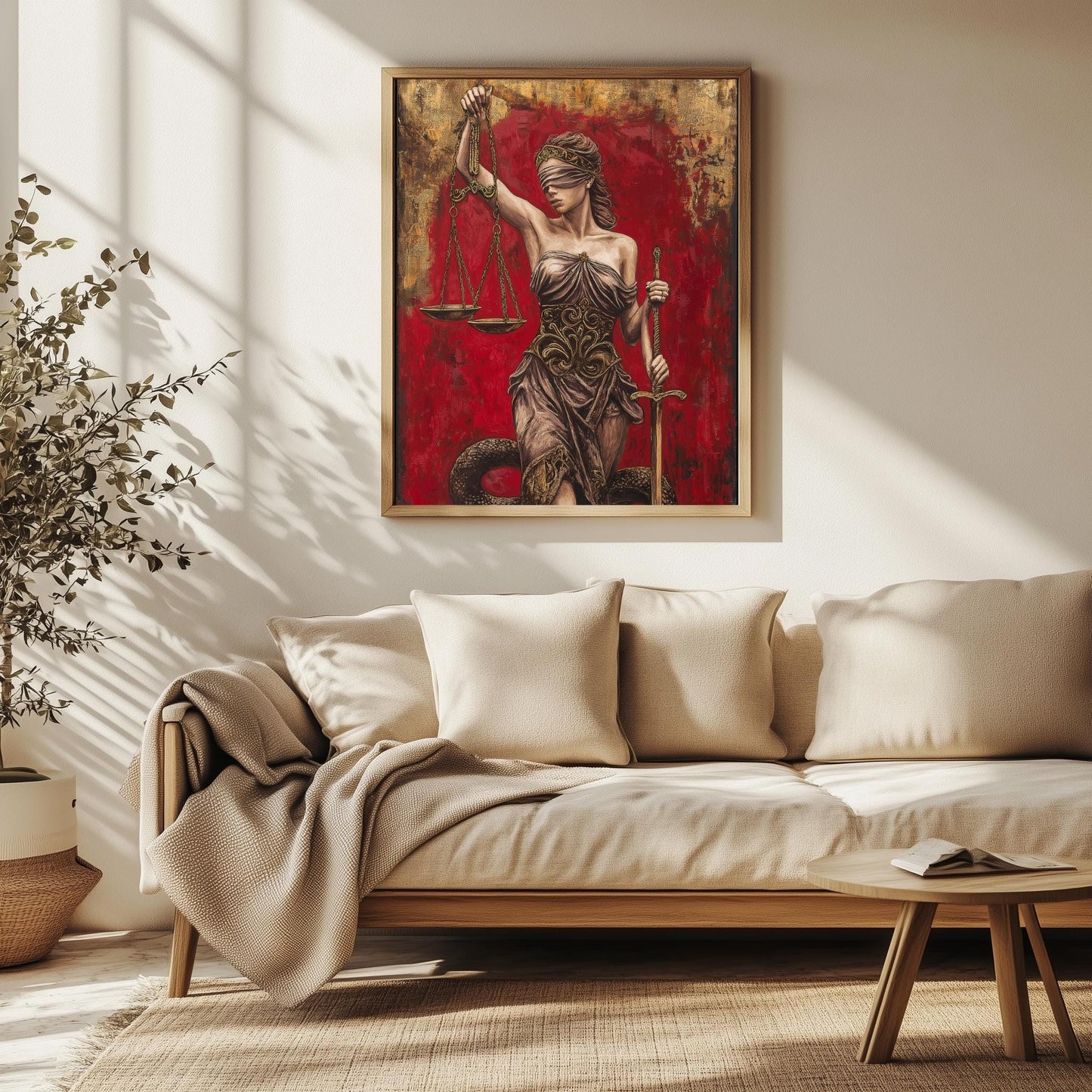 Lady Justice Wall Art | Lawyer Office Decor | Red Gold Canvas Print | Law Firm Attorney Gift | Legal Scale Sword