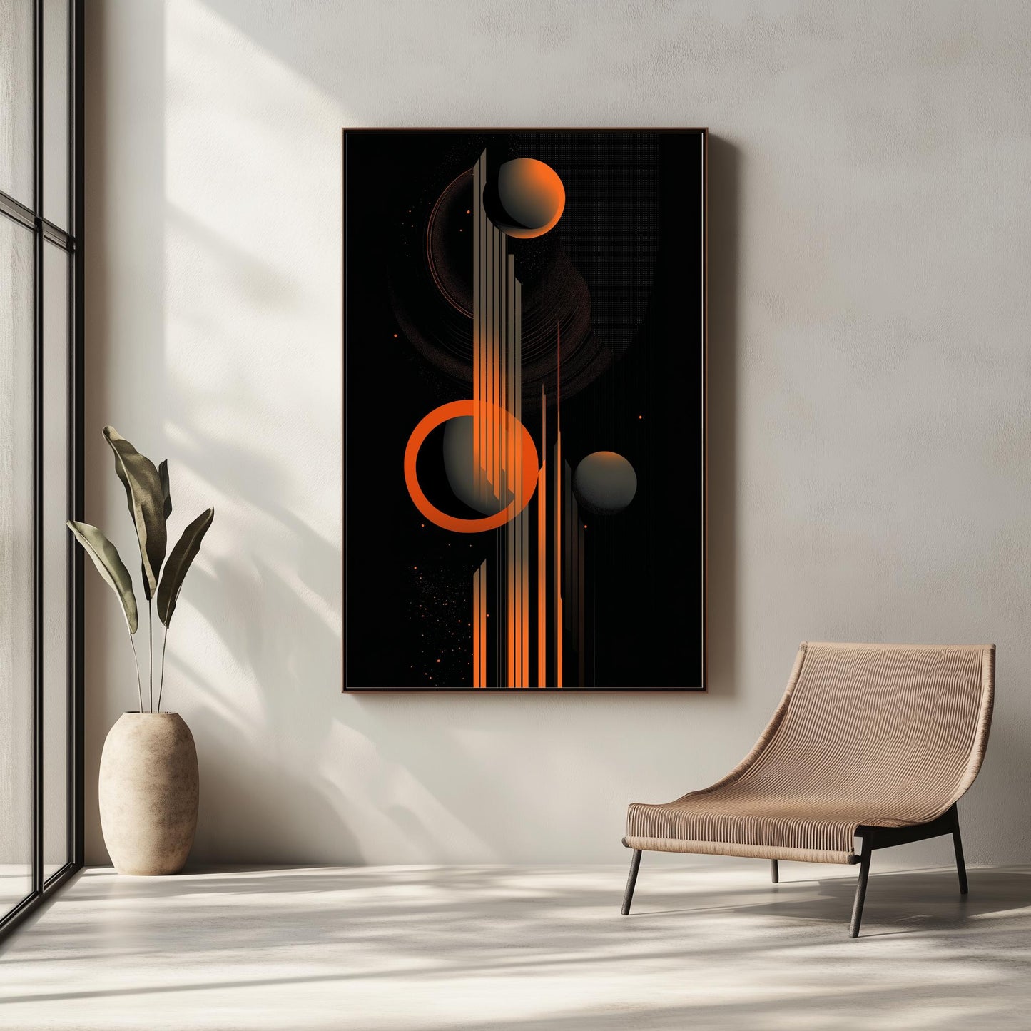 Abstract Geometric Canvas Art  Modern Orange and Black Wall Decor