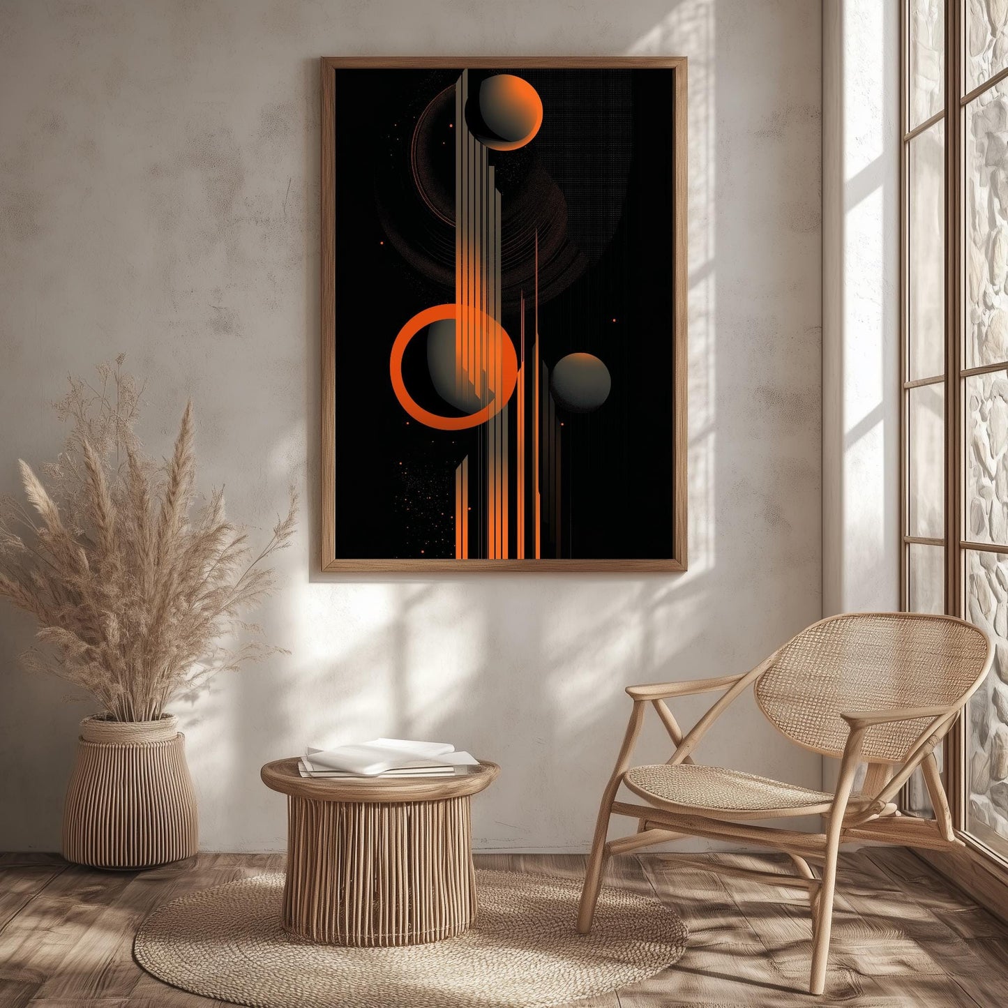 Abstract Geometric Canvas Art  Modern Orange and Black Wall Decor