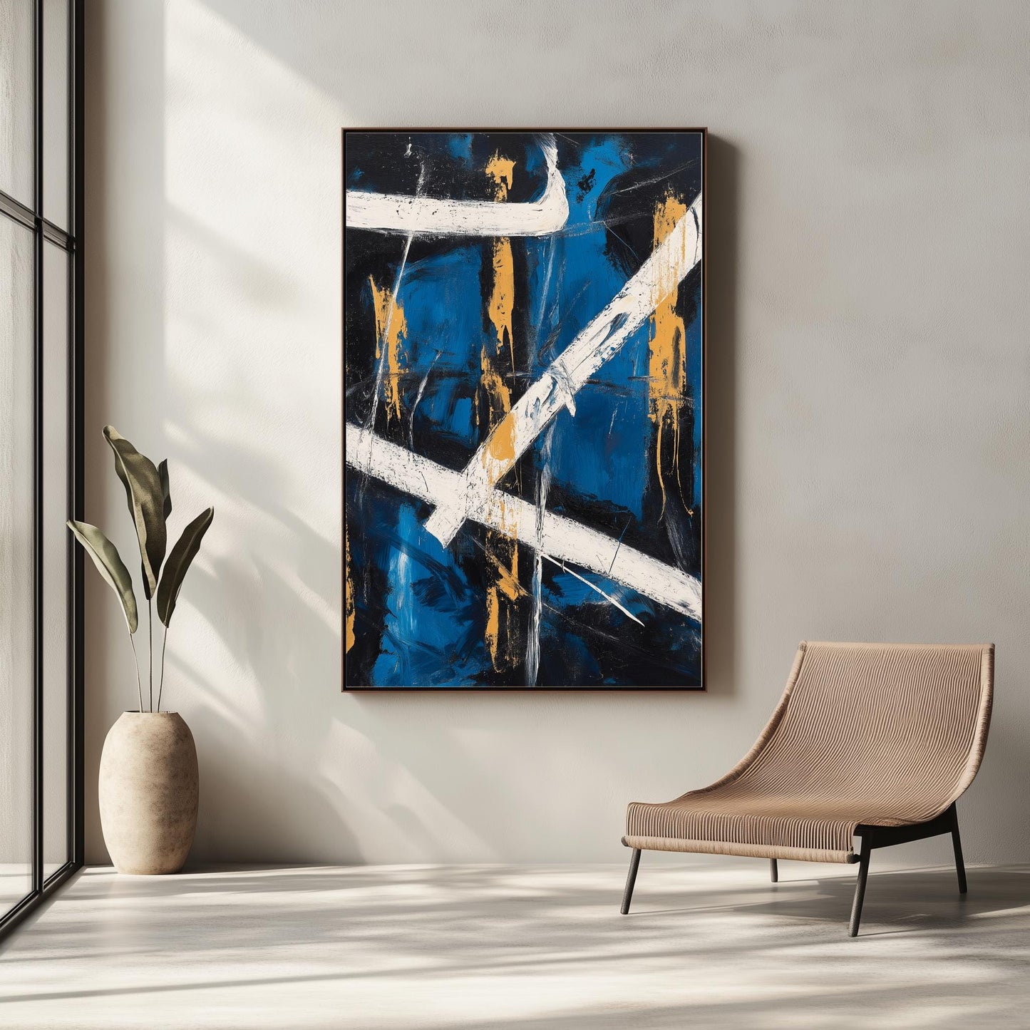 Abstract Geometric Canvas Art  Bold Blue, White, and Orange Wall Decor