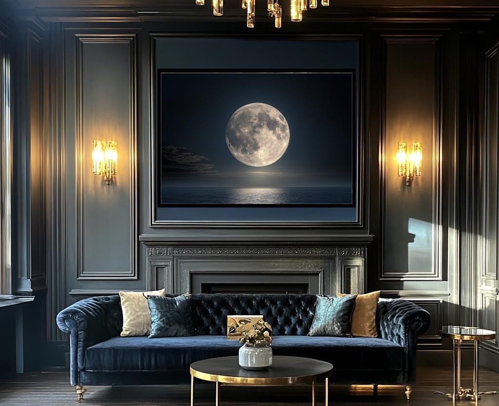 Full Moon Ocean Wall Art | Night Sea Reflection Canvas Print | Moonlight Seascape Wall Decor Modern Home Living Room Art