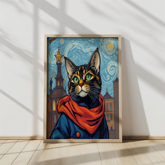 Starry Night Cat Canvas Wall Art | Cool Pet Portrait | Artistic and Unique Design | Ready to Hang,Van Gogh Style Print