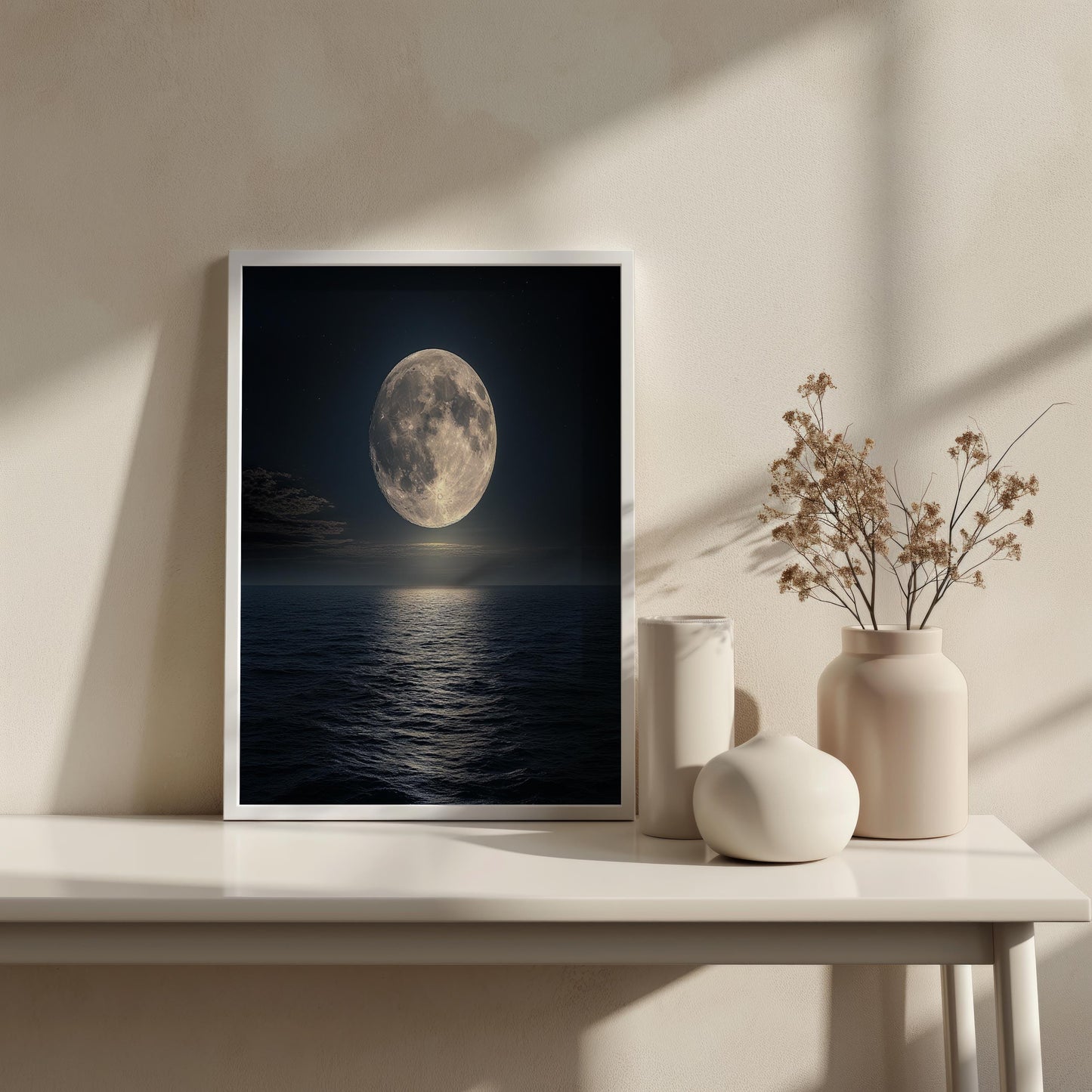 Full Moon Ocean Wall Art | Night Sea Reflection Canvas Print | Moonlight Seascape Wall Decor Modern Home Living Room Art