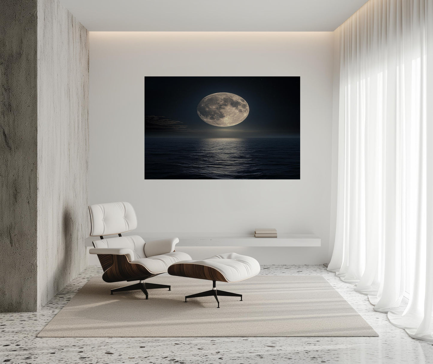 Full Moon Ocean Wall Art | Night Sea Reflection Canvas Print | Moonlight Seascape Wall Decor Modern Home Living Room Art