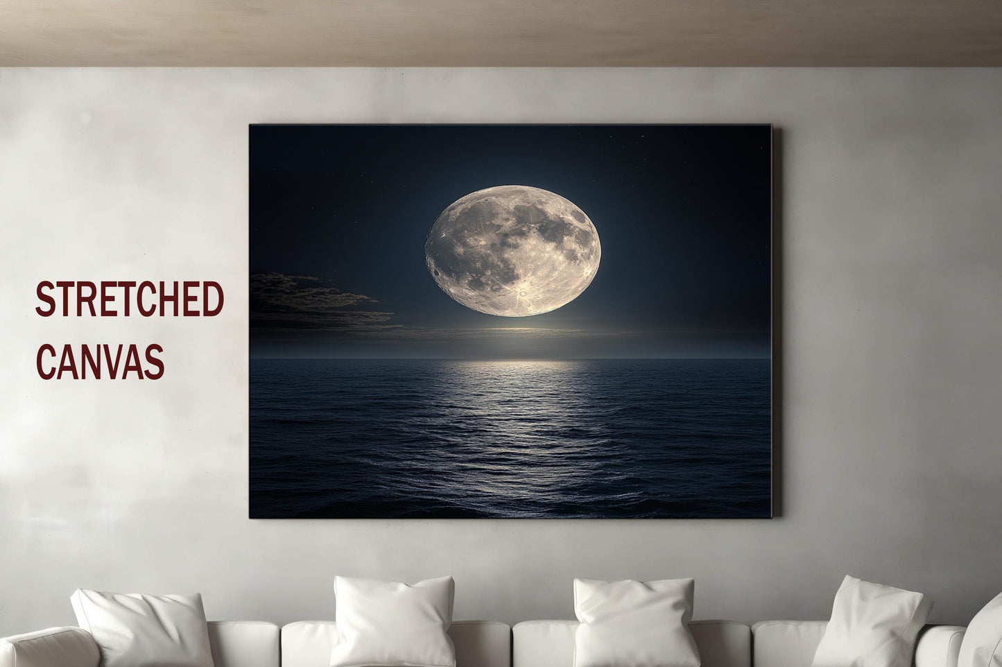 Full Moon Ocean Wall Art | Night Sea Reflection Canvas Print | Moonlight Seascape Wall Decor Modern Home Living Room Art