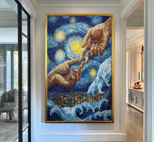 Starry Night Hand Canvas Wall Art | Textured Van Gogh-Inspired Design | Bold Surrealist Artwork | Ready to Hang | Van Gogh Print