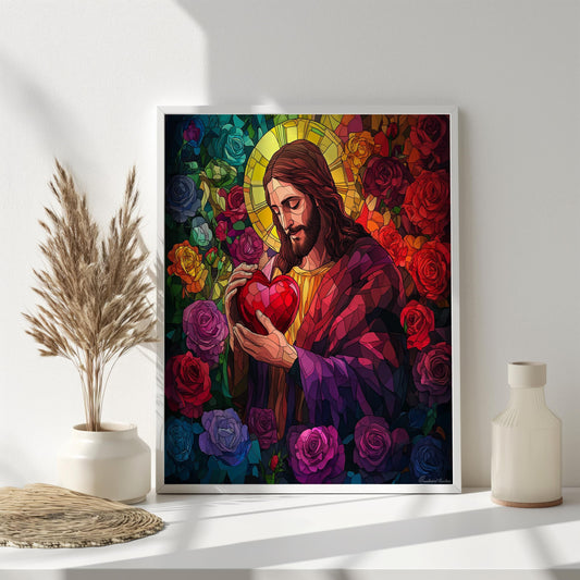 Sacred Heart of Jesus Canvas Wall Art | Vibrant Stained Glass Design | Religious Christian Artwork | Ready to Hang | Jesus Wall Art