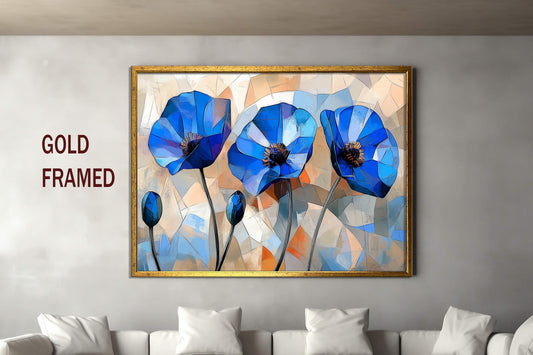 Blue Poppies Canvas Art  | Modern Mosaic Art | Modern Botanical Wall Decor | Elegant Flower Artwork for Home